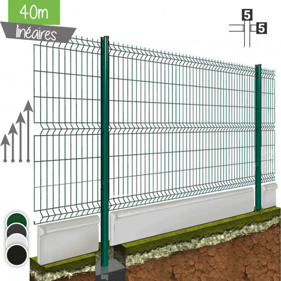 Kit 40ML de grillage rigide avec soubassement (Ø 5/5mm) - Couleur - Vert 6005, Couleur soubassement - Pierre, Hauteur - Ht 1m23