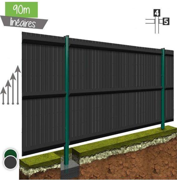 Kit 90ML de grillage rigide avec occultation Pro (Ø 4/5mm) - Couleur - Vert 6005, Couleur des lattes PVC - Gris 7016, Hauteur - Ht 1m23