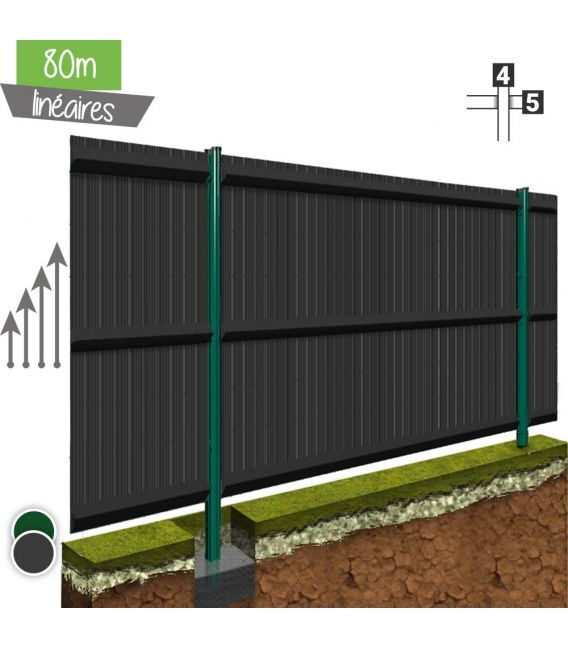 Kit 80ML de grillage rigide avec occultation Pro (Ø 4/5mm) - Couleur - Vert 6005, Couleur des lattes PVC - Gris 7016, Hauteur - Ht 1m93