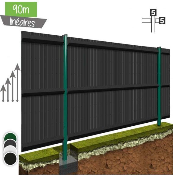 Kit 90ML de grillage rigide avec occultation Pro+ (Ø 5/5mm) - Couleur - Gris 7016, Couleur des lattes PVC - Vert 6005, Hauteur - Ht 1m03