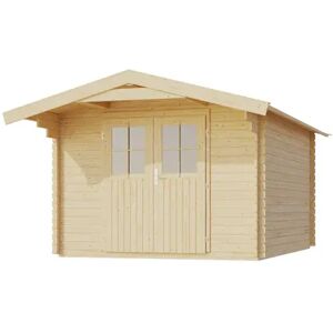 Karibu Gartenhaus Blockbohlenhaus Rentrup 8 - 28mm-297 x 387 cm- naturbelassen 50% Aktions-Rabatt auf Dacheindeckung & gratis Gartenhaus-Pflegebox