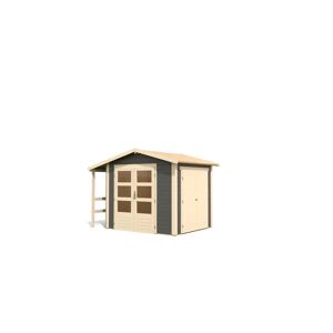 Karibu Multifunktionshaus Satteldach-Gartenhaus inkl. Schleppdach und Anbauschrank - 28 mm terragrau 297 x 203 cm & gratis Gartenhaus-Pflegebox