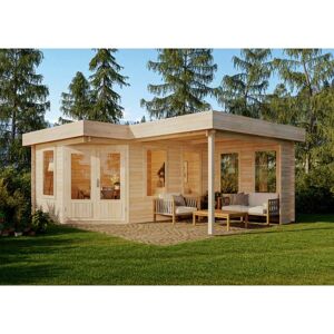 Alpholz - 5-Eck Gartenhaus Leelo-40 mit Anbau Gartenhaus aus Holz, Holzhaus mit 40 mm Wandstärke inklusive Schleppdach, Blockbohlenhaus mit