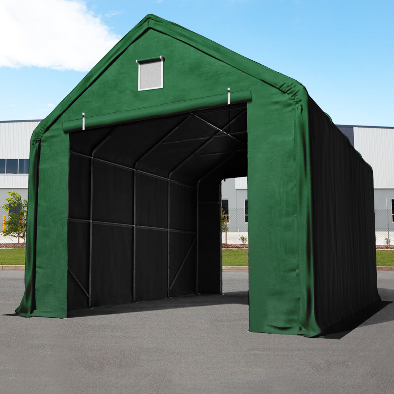 TOOLPORT Zelthalle 4x8m PVC 720 g/m² dunkelgrün wasserdicht Industriezelt