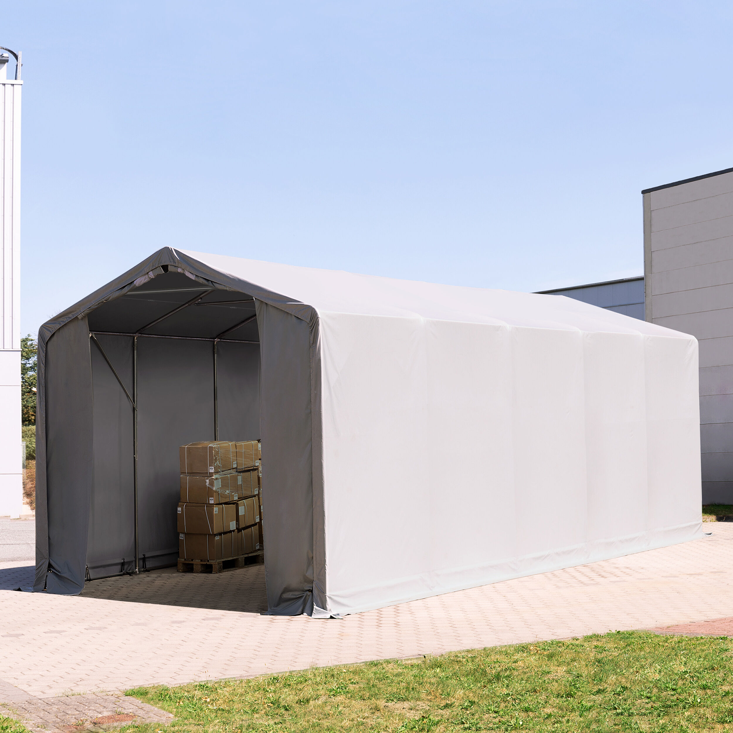 TOOLPORT Zelthalle 4x10m PVC 550 g/m² grau wasserdicht Industriezelt