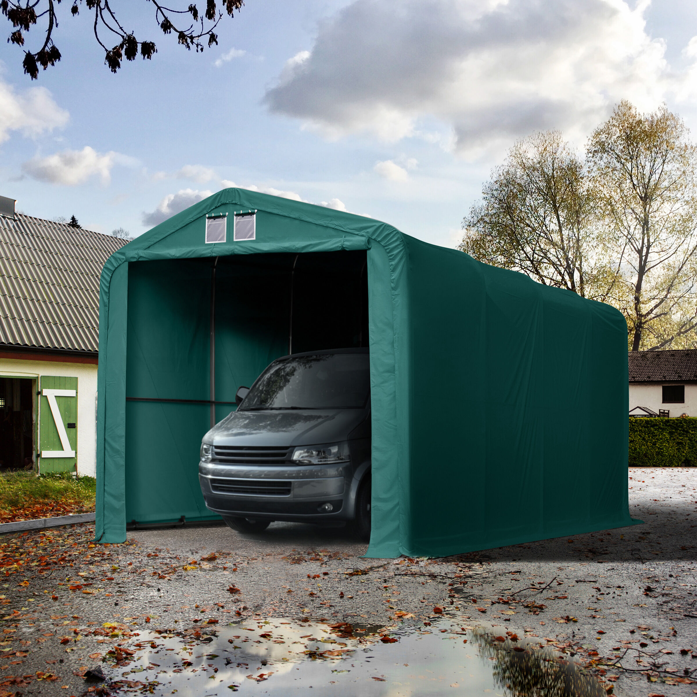 TOOLPORT Zeltgarage 4x8m PVC 720 g/m² dunkelgrün wasserdicht Garagenzelt