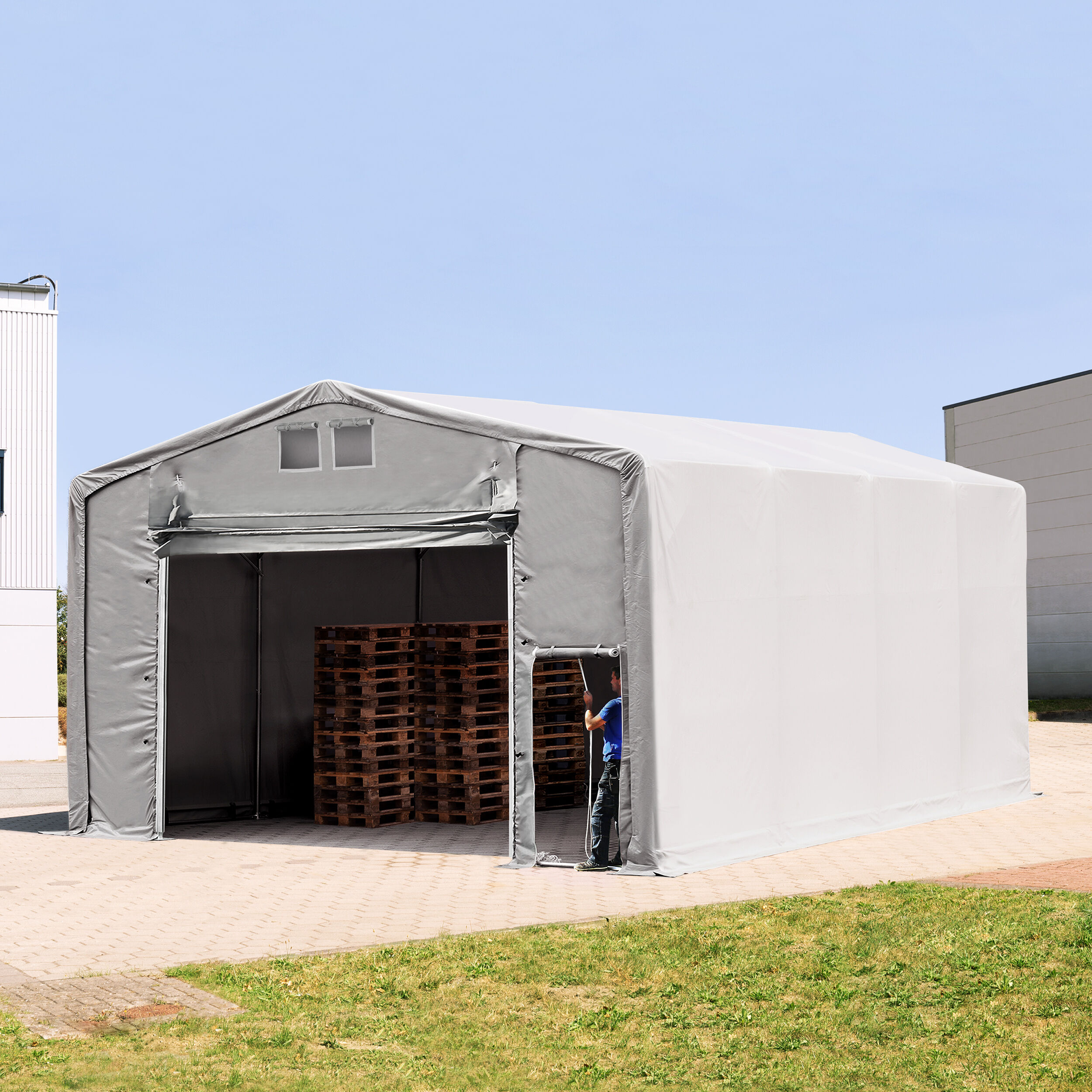 TOOLPORT Telthal 8x8m PVC 550 g/m² grå 100 % vandtæt Industriezelt grå