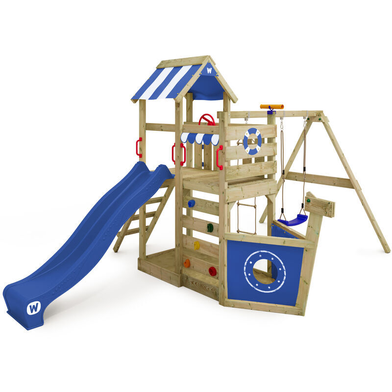 WICKEY Parque infantil de madera SeaFlyer con columpio y tobogán azul Casa de