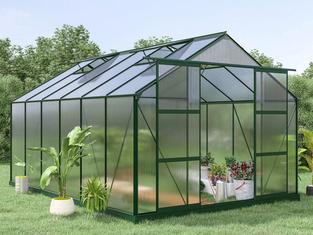 EXPERTLAND Invernadero de jardín de policarbonato de 13m² KALIDA con base - Verde