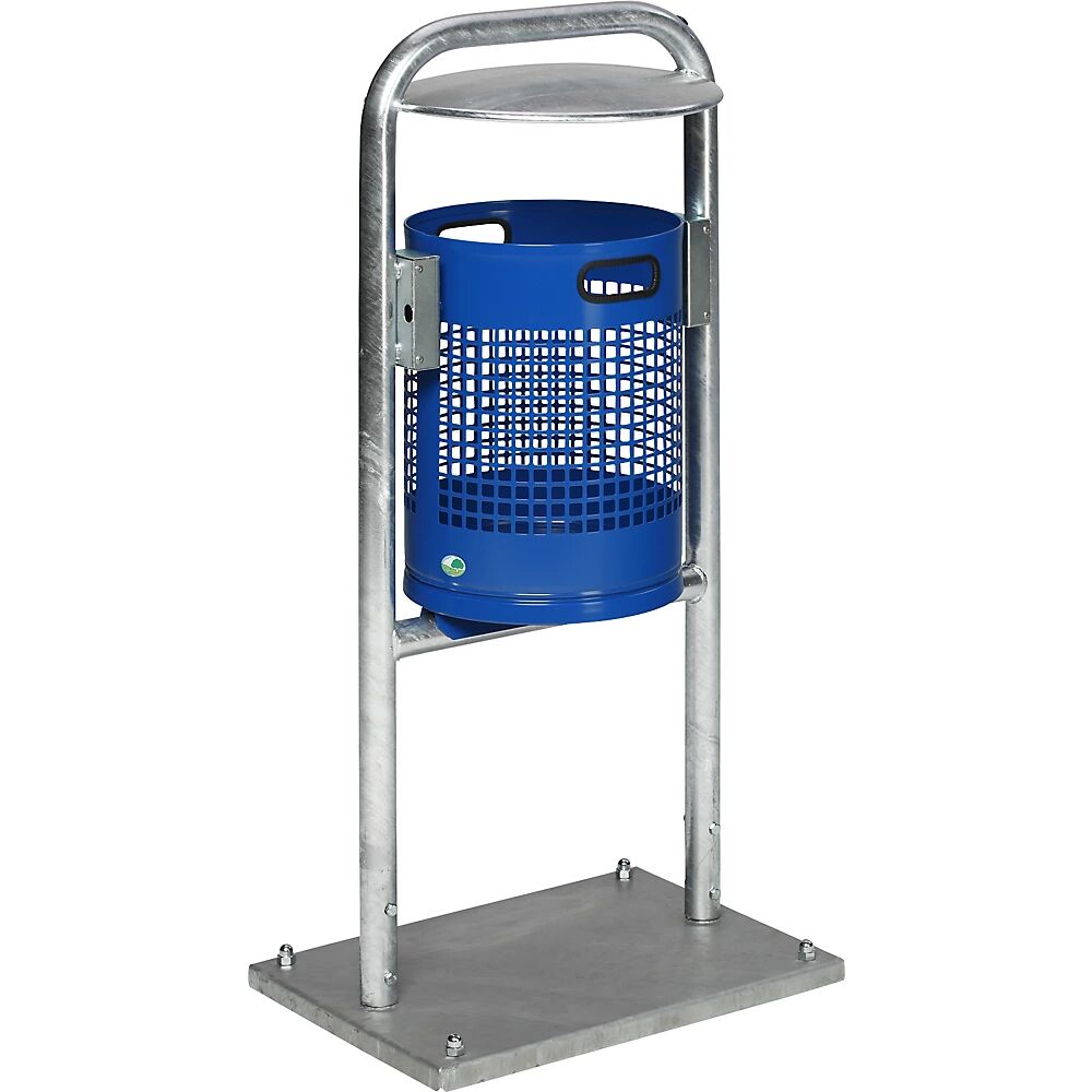 VAR Colector de residuos para exteriores, 30 l, acero, con arco tubular y tejadillo, azul genciana