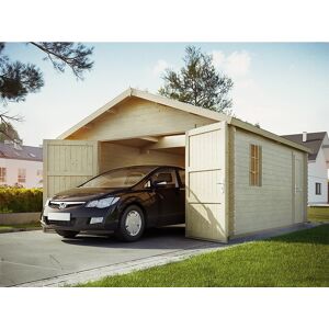 DIRECT ABRIS Garage Bois NEWPORT Double Porte en Bois 19,2m² - Epaisseur des Madriers : 44mm - Toit Double Pente - Fenetre Oscillo-Battante Double Vitrage - Porte de Service - Abris Voiture