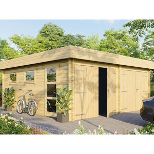 DIRECT ABRIS Garage Bois 2 Voitures CHAVAGNAC - Epaisseur des murs : 44mm - Portes Bois - Porte de Service Vitree - Fenetres Laterales a Soufflet Double Vitrage