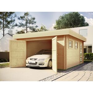 DIRECT ABRIS Garage en Bois WESTMOUNT - Porte Bois - 19,2m² - Epaisseur des Madriers : 44mm - Bandeau de Toiture - Double Vitrage - Porte de Service - Installation Simple et Rapide