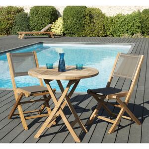 Macabane - Ensemble 1 table ronde pliante + 2 chaises pliantes Fun teck - D.80xH.75 cm Teck - Publicité