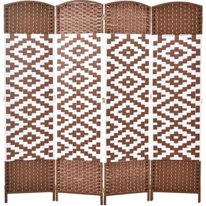 Homcom - Paravent intérieur 4 panneaux pliables séparateur de pièce bois de peuplier tressé osier marron blanc - Publicité