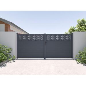 Vente-unique.com Portail battant aluminium semi plein a motifs L397 x H182 cm anthracite - BAZIO