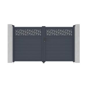 Vente-unique.com Portail électrique battant aluminium semi plein à motifs L305 x H182 cm anthracite - BAZIO