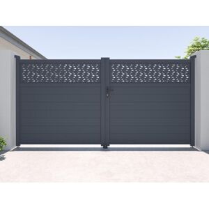 Vente-unique.com Portail electrique battant aluminium semi plein a motifs L355 x H182 cm anthracite - BAZIO