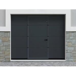 Vente-unique Porte de garage sectionnelle effet lisse portillon central anthracite motorisee L254 x H213 cm - LAVEGA