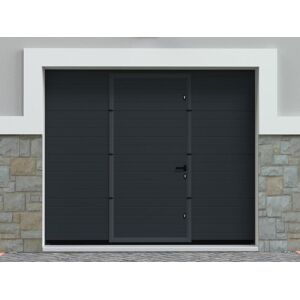 Porte de garage sectionnelle effet rainure portillon central anthracite avec moteur Somfy L254 x H213 cm NORIA