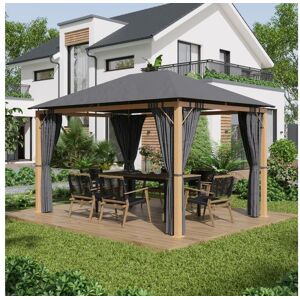 Outsunny Pavillon de jardin style contemporain - barnum avec rideaux - dim. 3,97L x 2,97l x 2,8H m - alu. aspect bois polyester gris