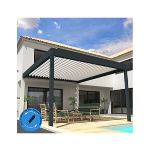 Ombrazur Pergola Bioclimatique COCOON XL perpendiculaire antihoraire Mixte Gris anthracite / Blanc 6,015x4,00m Verin + LED - Publicité