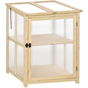 Outsunny Mini serre de jardin à 2 étagères double toits ouvrables avec porte verrouillable en bois et polycarbonate transparente 62 x 63 x 82 cm