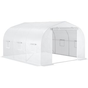 Outsunny Serre Tunnel de Jardin dim. 3,5L x 3l x 2H m Porte + 6 fenêtres enroulables Acier galvanisé bâche PE Haute densité Blanc