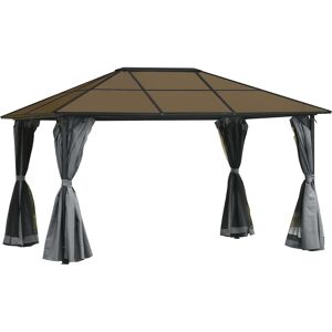 Outsunny Tonnelle pavillon de jardin avec toit rigide polycarbonate imperméable 4 parois latérales anti-UV moustiquaires 4 x 3 m gris foncé et noir