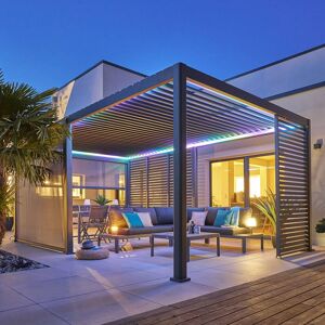 Pergola bioclimatique électrique EVORA grand modèle Graphite 6 x 3,6 m - Structure et lames doubles en aluminium Hespéride - Publicité