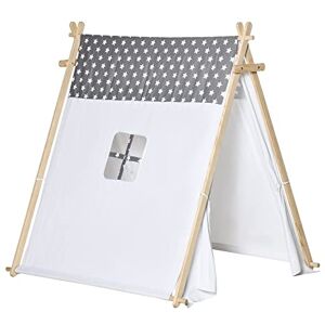 HOMCOM Tente Teepee Indien Enfant Motif étoiles dim. 1,3L x 1,11I x 1,36H m 2 Portes refermables, fenêtre Structure Bois, Toile Polyester Coton Gris Blanc - Publicité