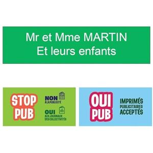 DECOHO Plaque boite aux lettres personnalisée adhésive au format 100x25mm vert pomme 2 lignes +Stickers Stop Pub Offerts Plaque vert pomme Lettres blanches - Publicité