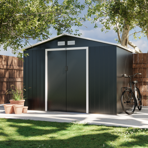 sweeek Abri de jardin en metal - FERRAIN 5.29m² gris anthracite - Cabane a outils avec deux grandes portes coulissantes. kit de fixation sol inclus. maison de rangement. remise - Anthracite