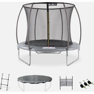 sweeek Trampoline rond Ø 250cm gris avec filet de protection interieur - Pluton Inner XXL? echelle. bache. filet pour chaussures et kit d'ancrage 2.50 m 250 cm - Gris