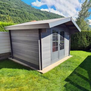 Abri de jardin en bois composite 28mm gris fonce 14,44m² double porte alu et double vitrage - WoodLife Garden