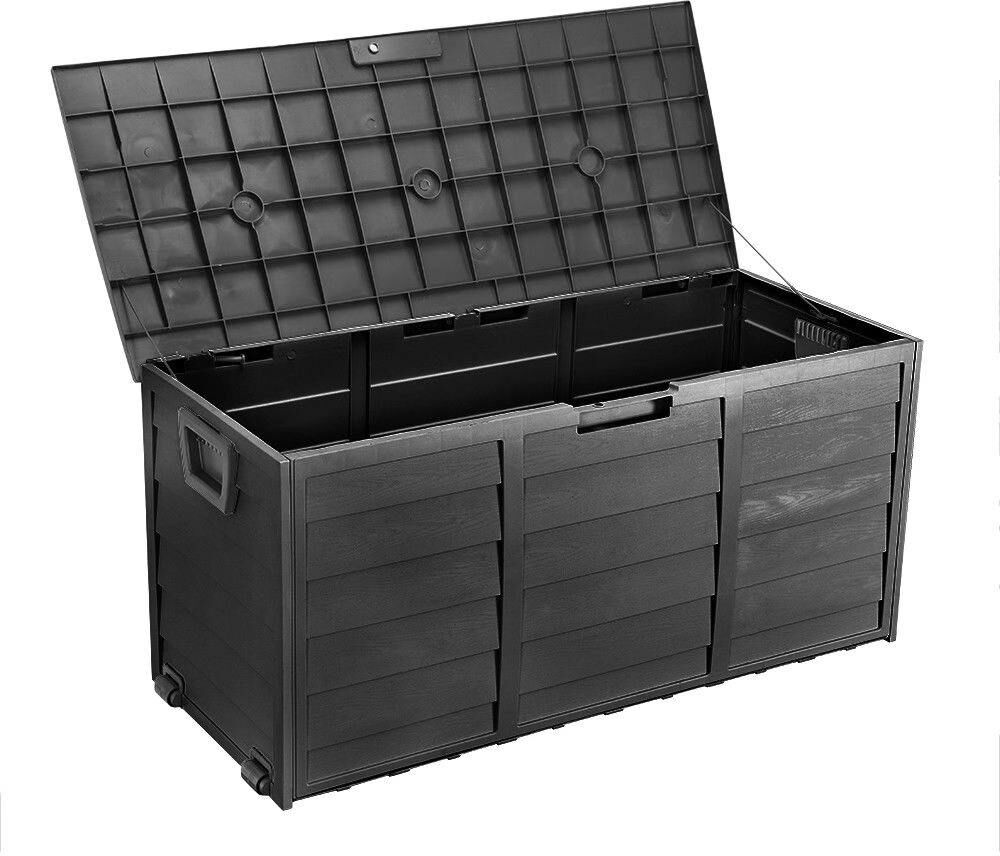 Bc-elec - PLAS-BOX Boîte de rangement de jardin Noir imitation bois 112x49x54cm, Caisse de rangement, coffre de jardin