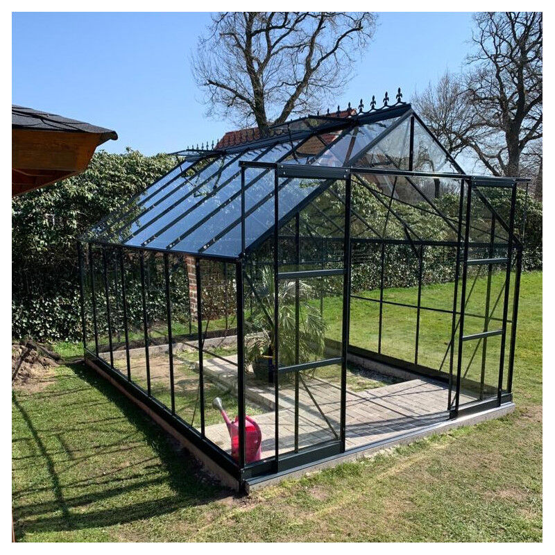 Serre de jardin 12,84m² en aluminium anthracite et verre trempé 4mm - Green Protect