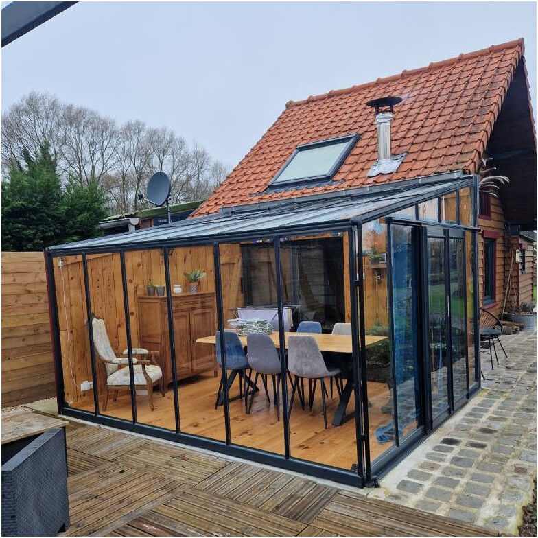 Serre adossée 11,85m² LUXE en aluminium anthracite et verre trempé 4mm - Green Protect