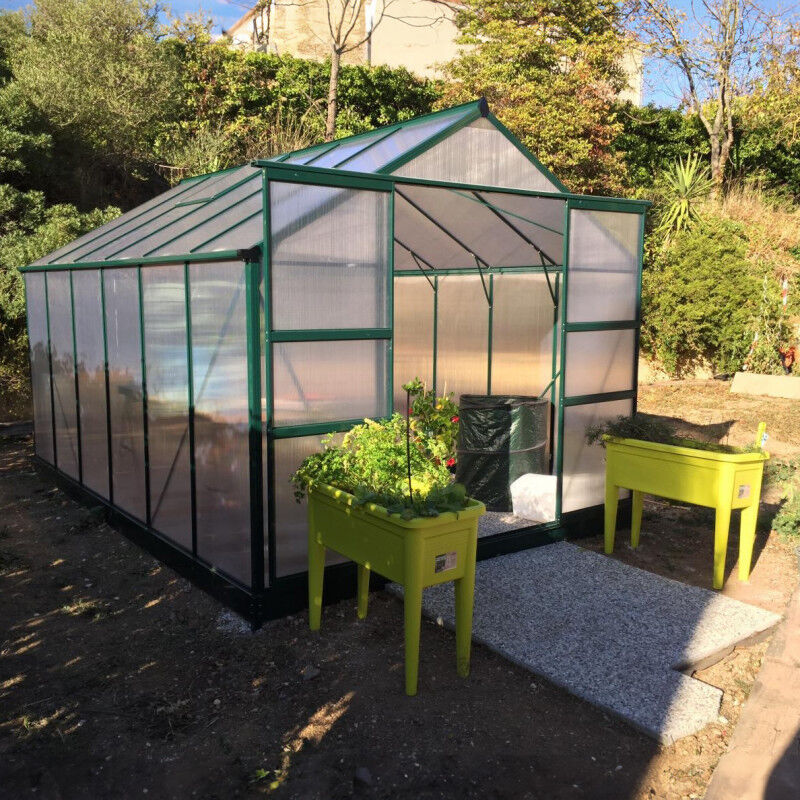 Serre de jardin 9,13m² verte en polycarbonate 4mm + embase Green Protect