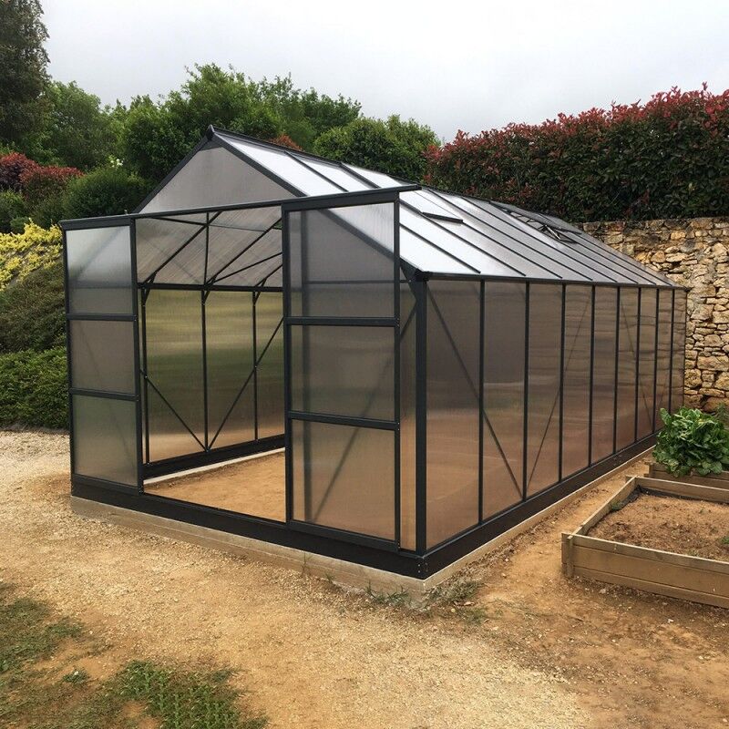 Serre de jardin 16,9m² anthracite en polycarbonate 4mm + embase Green Protect