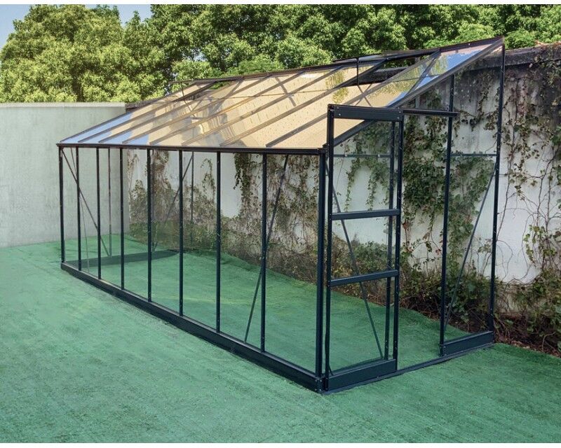 Serre adossée Prima 9,63m² en aluminium anthracite et verre trempé 4mm - Green Protect