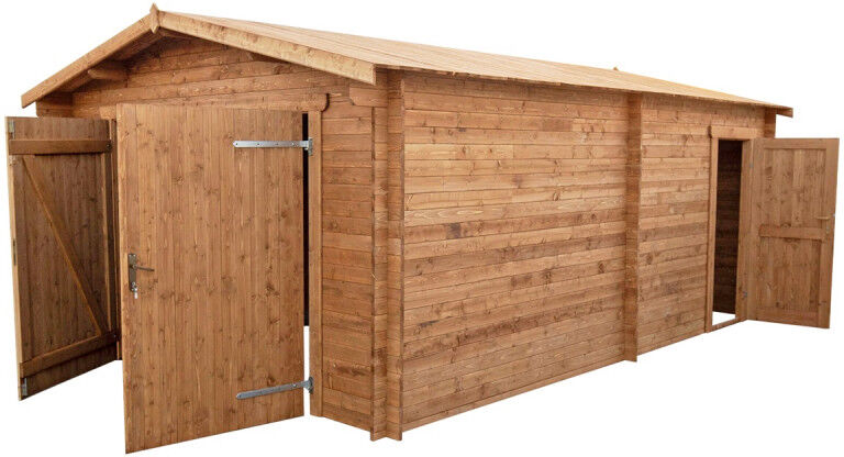 Garage en bois massif 28mm FSC traité et teinté marron 370x550cm - Gardy Shelter