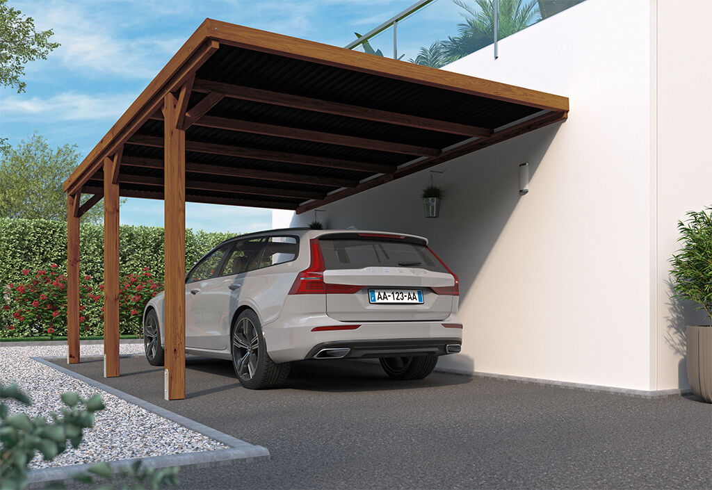 Forest-Style Carport adossé en bois de pin traité avec couverture polycarbonate – 16,4 m²