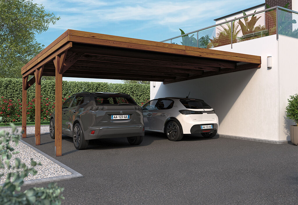 Forest-Style Carport double adossé en bois traité avec couverture polycarbonate – 30,6 m²