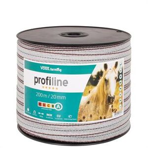 Nastro per recinto elettrico VOSS.farming 200m, 20 mm, con conduttori rame 2x0,25 + 4x0,20 acciaio inossidabile, bianco-nero