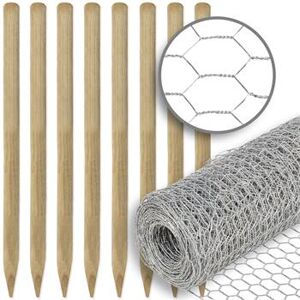 Kit: recinto per giardino VOSS.farming, rete esagonale 10 m x 100 cm + 8 pali in legno