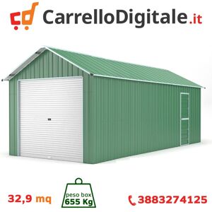 Box in Acciaio Zincato Casetta da Giardino in Lamiera Box Auto 3.60 x 9.14 m x h 3.15 m - 655 KG - 32.9 metri quadri - VERDE