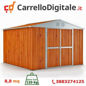 Box in Acciaio Zincato Casetta da Giardino in Lamiera 3.27 x 2.69 m x h2.15 m - 120 KG – 8.80 metri quadri - LEGNO