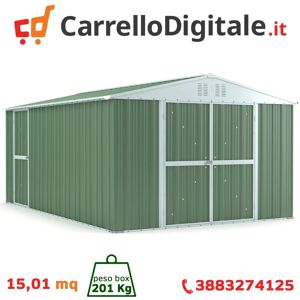 Box in Acciaio Zincato Casetta da Giardino in Lamiera 3.27 x 4.59 m x h2.15 m - 201 KG – 15,01 metri quadri – VERDE