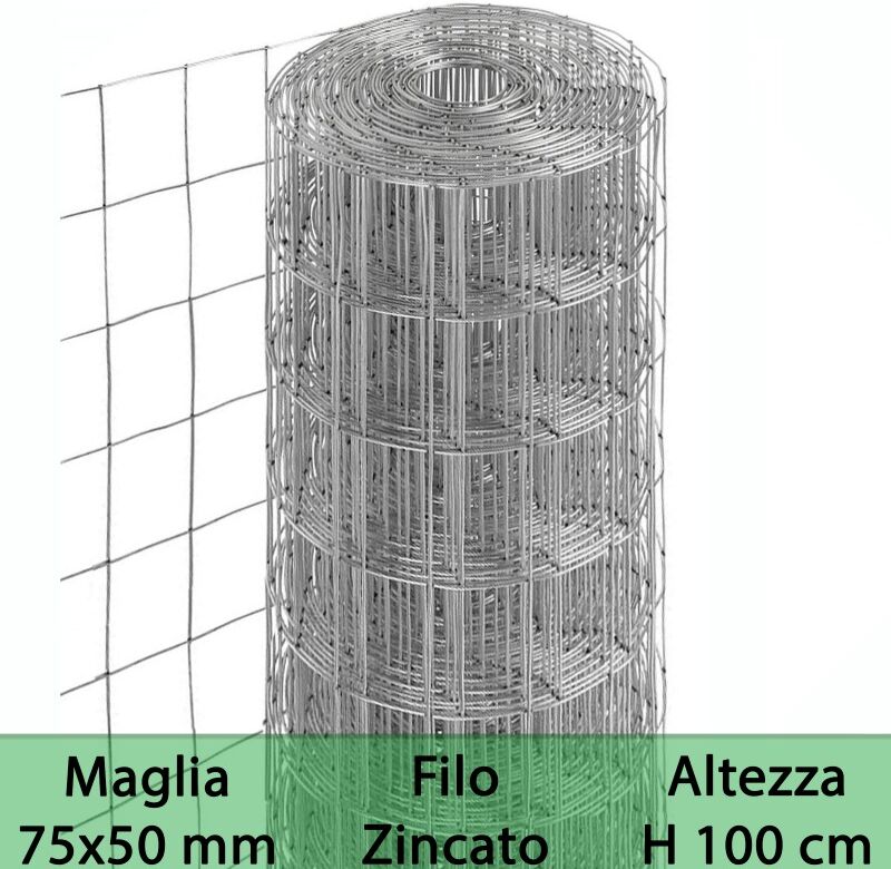 NextradeItalia 1pz Rete Per Recinzione Zincata Altezza H 100 Cm Maglia Elettrosaldata 75x50 Mm Filo Ø 1,7 Mm Lughezza Rotolo Da 25 Mt Per Recinzione Grigio